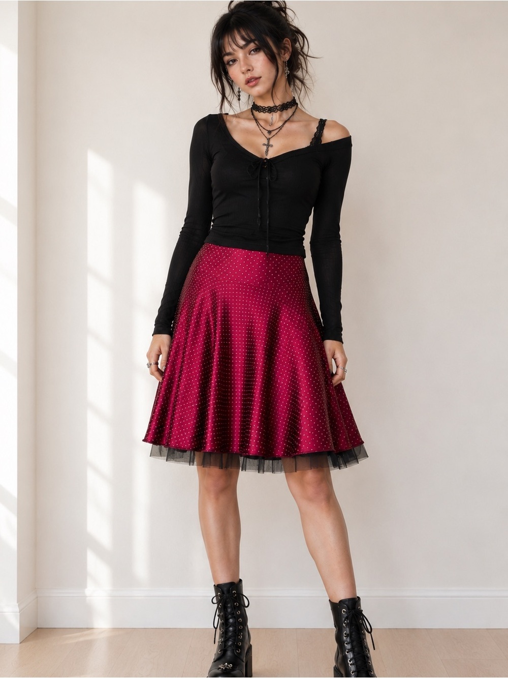 Vintage Junior 9 Satin Maroon Skirt Tulle Ruffle Whimsigoth Red Polkadot Y2K Red